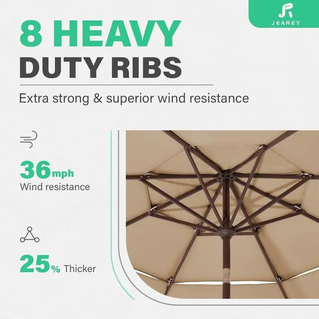 Alt view image 5 of 7 - JEAREY 3 Tiers 9 FT Patio Umbrellas Outdoor Table Umbrella with Push Button Market Umbrella 8 Sturdy Ribs UV Protection Waterproof for Garden,Beige