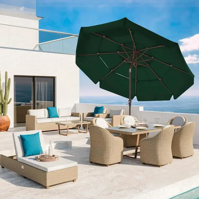Alt view image 2 of 7 - JEAREY 3 Tiers 9 FT Patio Umbrellas Outdoor Table Umbrella with Push Button Market Umbrella 8 Sturdy Ribs UV Protection Waterproof for Garden,Dark Green