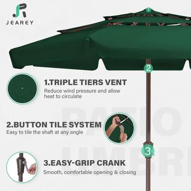 Alt view image 3 of 7 - JEAREY 3 Tiers 9 FT Patio Umbrellas Outdoor Table Umbrella with Push Button Market Umbrella 8 Sturdy Ribs UV Protection Waterproof for Garden,Dark Green