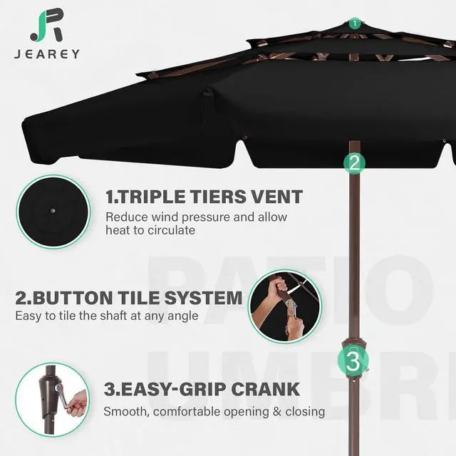 Alt view image 3 of 7 - JEAREY 3 Tiers 9 FT Patio Umbrellas Outdoor Table Umbrella with Push Button Market Umbrella 8 Sturdy Ribs UV Protection Waterproof for Garden,Black