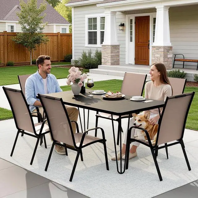 Alt view image 6 of 7 - JEAREY Patio Dining Chairs Set of 6, Stackable Outdoor Chairs, Coffee | Breathable Textilene w/Powder-Coated Steel Frame, 20" Wide High-Back Seat & Stackable Design for Lawn, Garden, Deck, Poolside