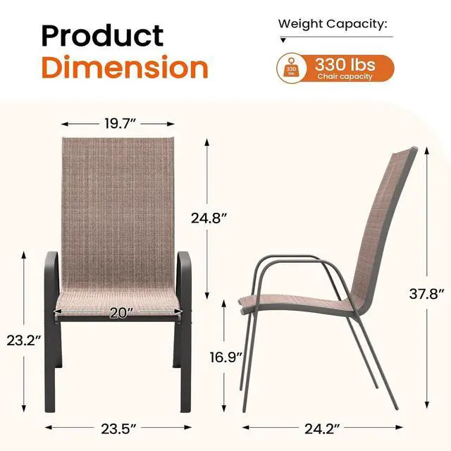 Alt view image 3 of 7 - JEAREY Patio Dining Chairs Set of 4, Stackable Outdoor Chairs, Brown | Breathable Textilene w/Powder-Coated Steel Frame, 20" Wide High-Back Seat for Lawn, Garden, Deck, Poolside