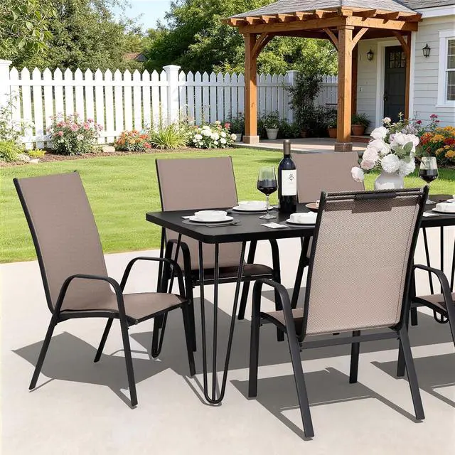 Alt view image 4 of 7 - JEAREY Patio Dining Chairs Set of 4, Stackable Outdoor Chairs, Brown | Breathable Textilene w/Powder-Coated Steel Frame, 20" Wide High-Back Seat for Lawn, Garden, Deck, Poolside