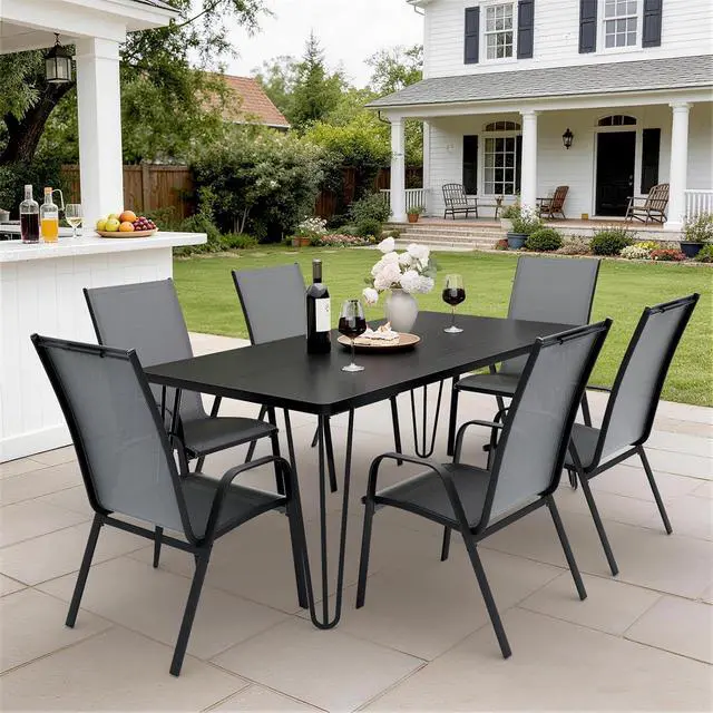 Alt view image 4 of 7 - JEAREY Patio Dining Chairs Set of 6, Stackable Outdoor Chairs, Grey | Breathable Textilene w/Powder-Coated Steel Frame, 20" Wide High-Back Seat & Stackable Design for Lawn, Garden, Deck, Poolside