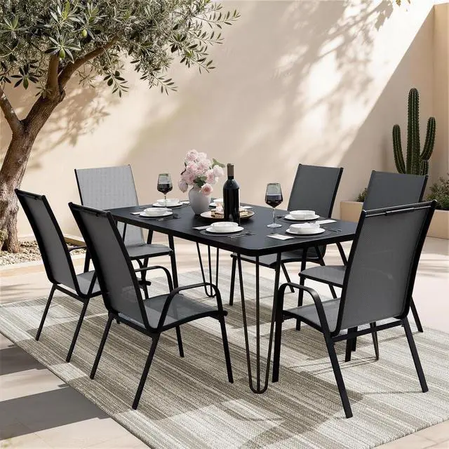 Alt view image 2 of 7 - JEAREY Patio Dining Chairs Set of 6, Stackable Outdoor Chairs, Grey | Breathable Textilene w/Powder-Coated Steel Frame, 20" Wide High-Back Seat & Stackable Design for Lawn, Garden, Deck, Poolside