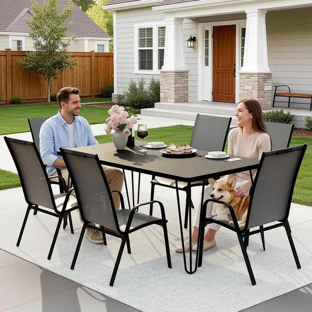 Alt view image 6 of 7 - JEAREY Patio Dining Chairs Set of 6, Stackable Outdoor Chairs, Grey | Breathable Textilene w/Powder-Coated Steel Frame, 20" Wide High-Back Seat & Stackable Design for Lawn, Garden, Deck, Poolside