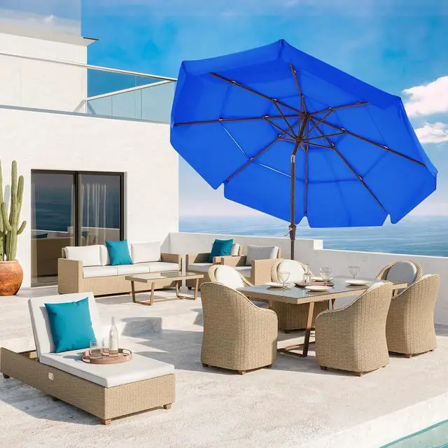 Alt view image 2 of 7 - JEAREY 3 Tiers 9 FT Patio Umbrellas Outdoor Table Umbrella with Push Button Market Umbrella 8 Sturdy Ribs UV Protection Waterproof for Garden,Royal Blue