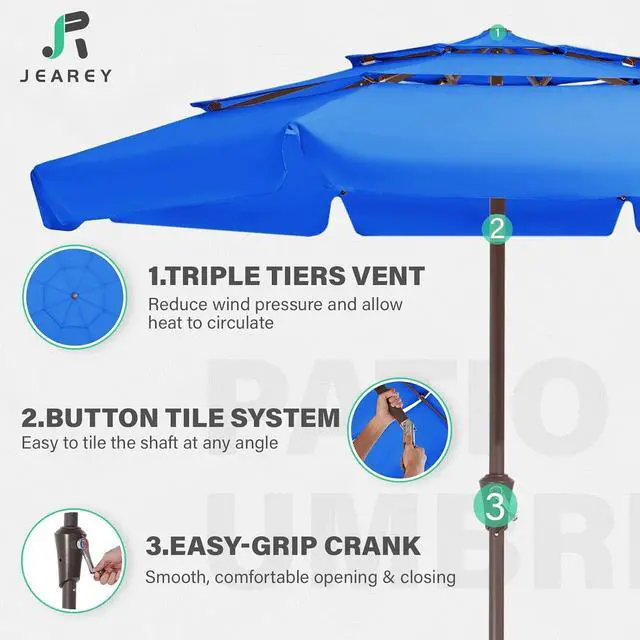 Alt view image 5 of 7 - JEAREY 3 Tiers 9 FT Patio Umbrellas Outdoor Table Umbrella with Push Button Market Umbrella 8 Sturdy Ribs UV Protection Waterproof for Garden,Royal Blue