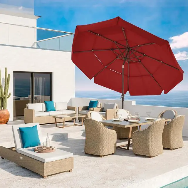 Alt view image 2 of 3 - JEAREY 3 Tiers 9 FT Patio Umbrellas Outdoor Table Umbrella with Push Button Market Umbrella 8 Sturdy Ribs UV Protection Waterproof for Garden,Red