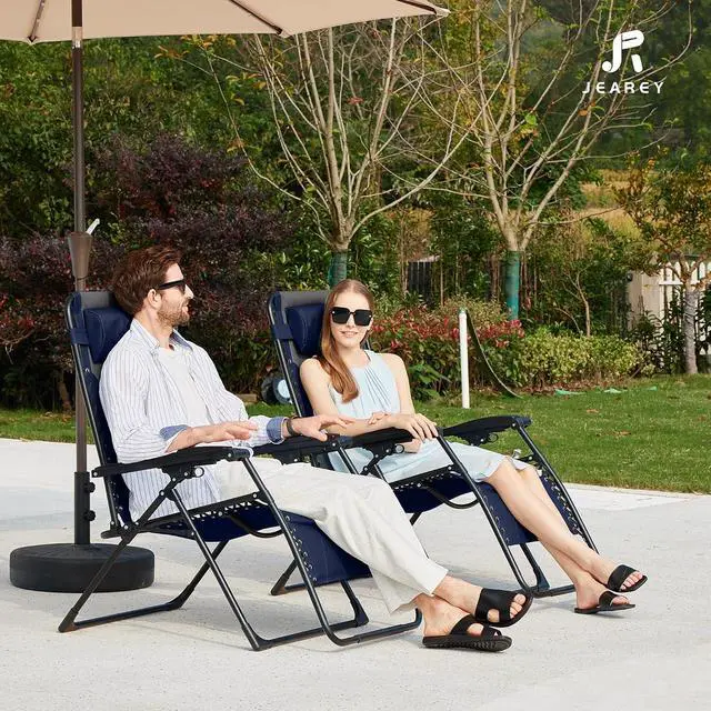 Alt view image 4 of 7 - JEAREY Zero Gravity Chair, Oversized Padded Recliner - Navy/Gray | 400 lbs Capacity, 29" Wide Padded Seat, 90170° Locking Recline, Foldable Steel Frame w/Headrest & Side Tray for Patio, Beach
