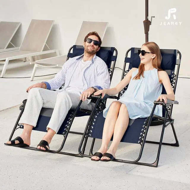 Alt view image 2 of 7 - JEAREY Zero Gravity Chair, Oversized Padded Recliner - Navy/Gray | 400 lbs Capacity, 29" Wide Padded Seat, 90170° Locking Recline, Foldable Steel Frame w/Headrest & Side Tray for Patio, Beach