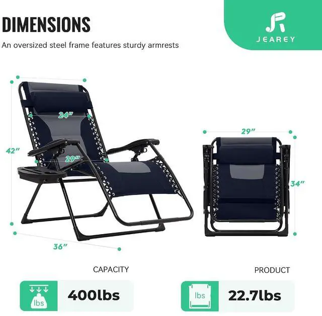 Alt view image 3 of 7 - JEAREY Zero Gravity Chair, Oversized Padded Recliner - Navy/Gray | 400 lbs Capacity, 29" Wide Padded Seat, 90170° Locking Recline, Foldable Steel Frame w/Headrest & Side Tray for Patio, Beach