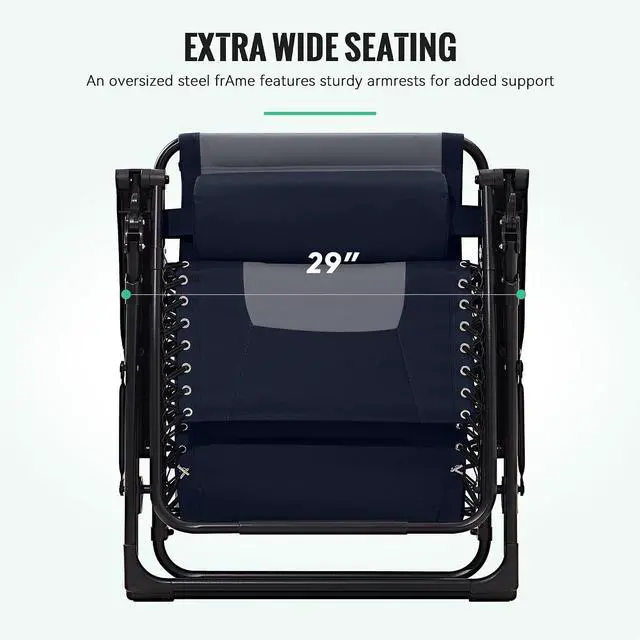 Alt view image 7 of 7 - JEAREY Zero Gravity Chair, Oversized Padded Recliner - Navy/Gray | 400 lbs Capacity, 29" Wide Padded Seat, 90170° Locking Recline, Foldable Steel Frame w/Headrest & Side Tray for Patio, Beach