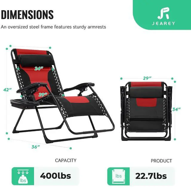 Alt view image 3 of 7 - JEAREY Zero Gravity Chairs Set of 2, Oversized Recliners - Black/Red | 400 lbs Capacity, 29" Wide Padded Seat, 90170° Locking Recline, Foldable Steel Frame w/Headrest & Side Tray for Patio, Beach
