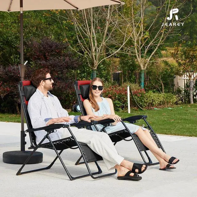 Alt view image 5 of 7 - JEAREY Zero Gravity Chairs Set of 2, Oversized Recliners - Black/Red | 400 lbs Capacity, 29" Wide Padded Seat, 90170° Locking Recline, Foldable Steel Frame w/Headrest & Side Tray for Patio, Beach