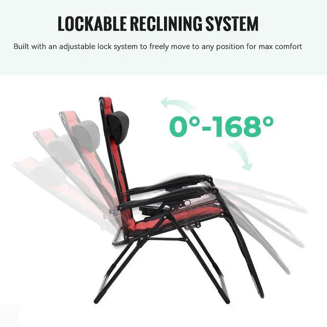 Alt view image 6 of 7 - JEAREY Zero Gravity Chair, Oversized Padded Recliner - Black/Red | 400 lbs Capacity, 29" Wide Padded Seat, 90170° Locking Recline, Foldable Steel Frame w/Headrest & Side Tray for Patio, Beach