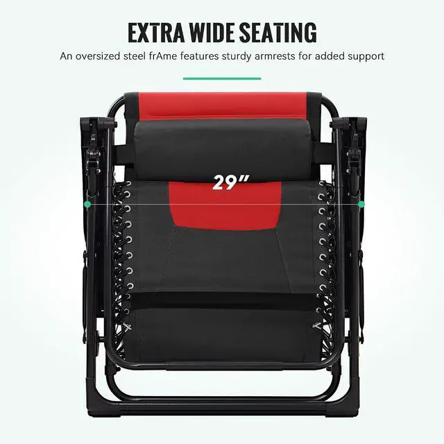 Alt view image 4 of 7 - JEAREY Zero Gravity Chairs Set of 2, Oversized Recliners - Black/Red | 400 lbs Capacity, 29" Wide Padded Seat, 90170° Locking Recline, Foldable Steel Frame w/Headrest & Side Tray for Patio, Beach