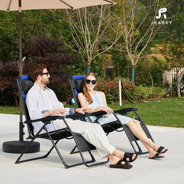 Alt view image 4 of 7 - JEAREY Zero Gravity Chair, Oversized Padded Recliner - Black/Blue | 400 lbs Capacity, 29" Wide Padded Seat, 90170° Locking Recline, Foldable Steel Frame w/Headrest & Side Tray for Patio, Beach