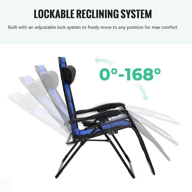 Alt view image 6 of 7 - JEAREY Zero Gravity Chair, Oversized Padded Recliner - Black/Blue | 400 lbs Capacity, 29" Wide Padded Seat, 90170° Locking Recline, Foldable Steel Frame w/Headrest & Side Tray for Patio, Beach