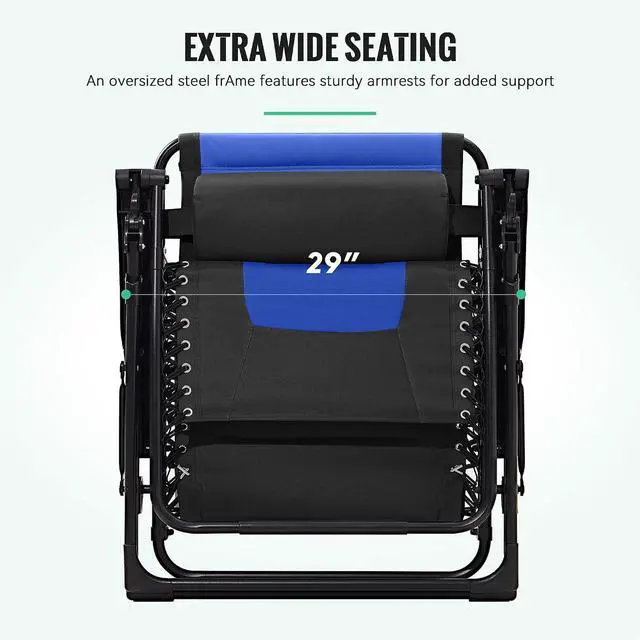 Alt view image 7 of 7 - JEAREY Zero Gravity Chair, Oversized Padded Recliner - Black/Blue | 400 lbs Capacity, 29" Wide Padded Seat, 90170° Locking Recline, Foldable Steel Frame w/Headrest & Side Tray for Patio, Beach