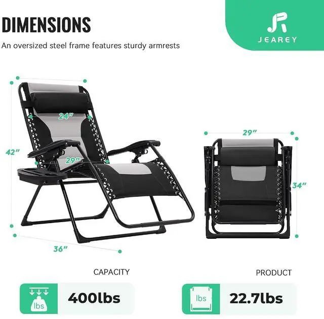 Alt view image 3 of 7 - JEAREY Zero Gravity Chair, Oversized Padded Recliner - Black/Gray | 400 lbs Capacity, 29" Wide Padded Seat, 90170° Locking Recline, Foldable Steel Frame w/Headrest & Side Tray for Patio, Beach