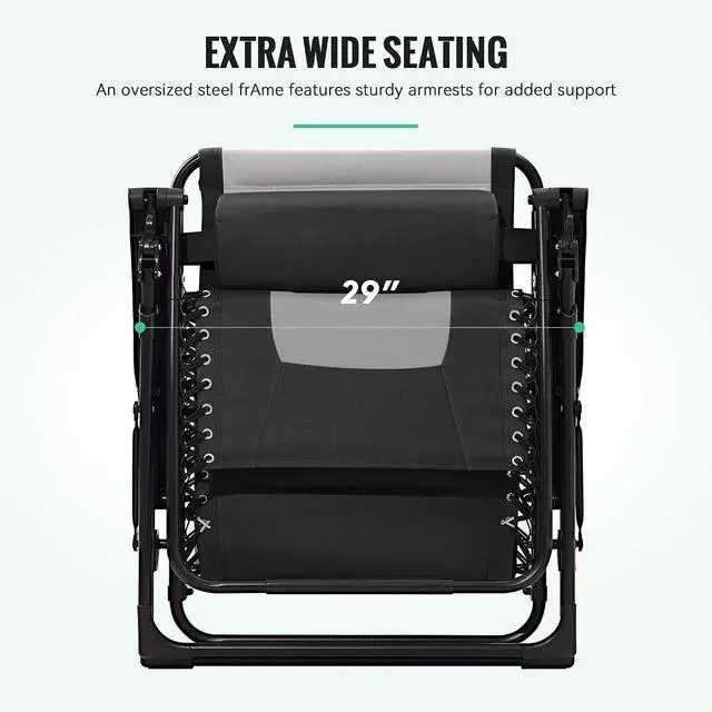 Alt view image 7 of 7 - JEAREY Zero Gravity Chair, Oversized Padded Recliner - Black/Gray | 400 lbs Capacity, 29" Wide Padded Seat, 90170° Locking Recline, Foldable Steel Frame w/Headrest & Side Tray for Patio, Beach