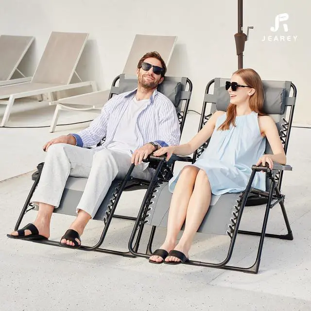 Alt view image 2 of 7 - JEAREY Zero Gravity Chair, Oversized Padded Recliner - Gray/Light Gray | 400 lbs Capacity, 29" Wide Padded Seat, 90170° Locking Recline, Foldable Steel Frame w/Headrest & Side Tray for Patio, Beach