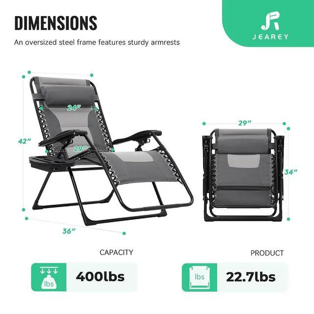 Alt view image 3 of 7 - JEAREY Zero Gravity Chair, Oversized Padded Recliner - Gray/Light Gray | 400 lbs Capacity, 29" Wide Padded Seat, 90170° Locking Recline, Foldable Steel Frame w/Headrest & Side Tray for Patio, Beach