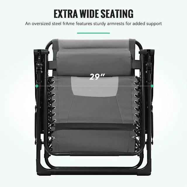 Alt view image 7 of 7 - JEAREY Zero Gravity Chair, Oversized Padded Recliner - Gray/Light Gray | 400 lbs Capacity, 29" Wide Padded Seat, 90170° Locking Recline, Foldable Steel Frame w/Headrest & Side Tray for Patio, Beach