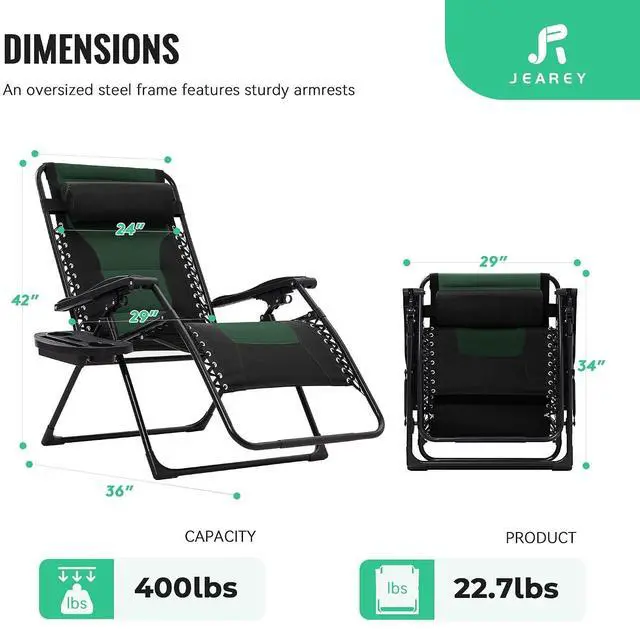 Alt view image 3 of 7 - JEAREY Zero Gravity Chair, Oversized Padded Recliner - Black/Dark Green | 400 lbs Capacity, 29" Wide Padded Seat, 90170° Locking Recline, Foldable Steel Frame w/Headrest & Side Tray for Patio, Beach