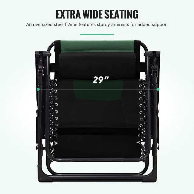 Alt view image 4 of 7 - JEAREY Zero Gravity Chair, Oversized Padded Recliner - Black/Dark Green | 400 lbs Capacity, 29" Wide Padded Seat, 90170° Locking Recline, Foldable Steel Frame w/Headrest & Side Tray for Patio, Beach