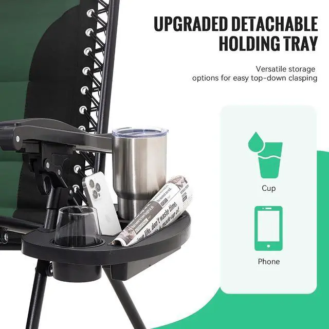Alt view image 7 of 7 - JEAREY Zero Gravity Chair, Oversized Padded Recliner - Black/Dark Green | 400 lbs Capacity, 29" Wide Padded Seat, 90170° Locking Recline, Foldable Steel Frame w/Headrest & Side Tray for Patio, Beach