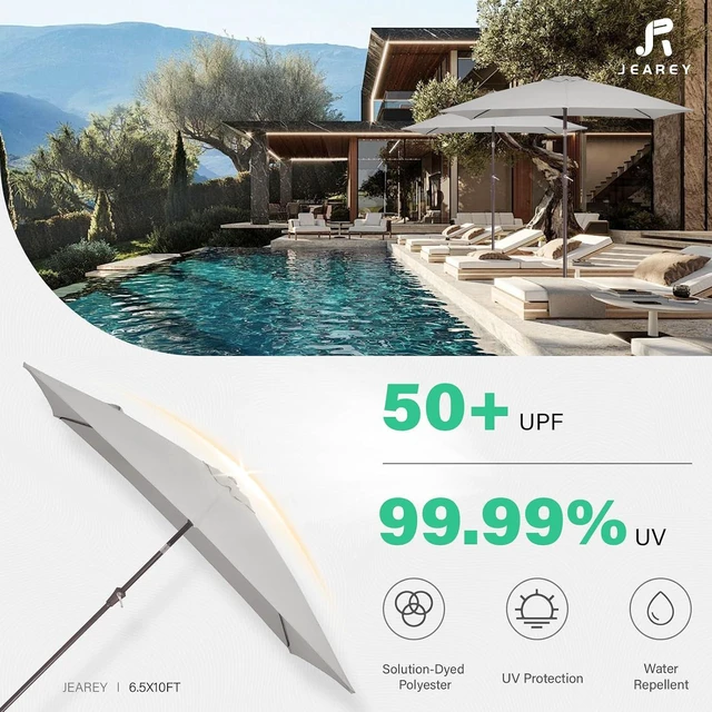 Alt view image 5 of 7 - JEAREY 6.5x10 ft Rectangular Patio Umbrellas Rectangle Outdoor Umbrella with Push Button Tilt and Crank, Market Table Umbrella 6 Sturdy Ribs UV Protection for Poolside Garden Backyard Deck, Foggy Gray