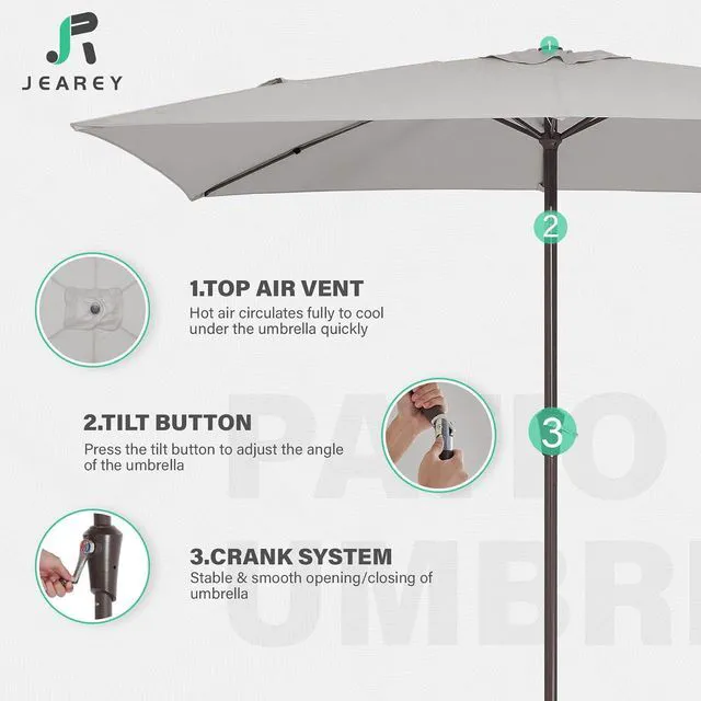 Alt view image 7 of 7 - JEAREY 6.5x10 ft Rectangular Patio Umbrellas Rectangle Outdoor Umbrella with Push Button Tilt and Crank, Market Table Umbrella 6 Sturdy Ribs UV Protection for Poolside Garden Backyard Deck, Foggy Gray
