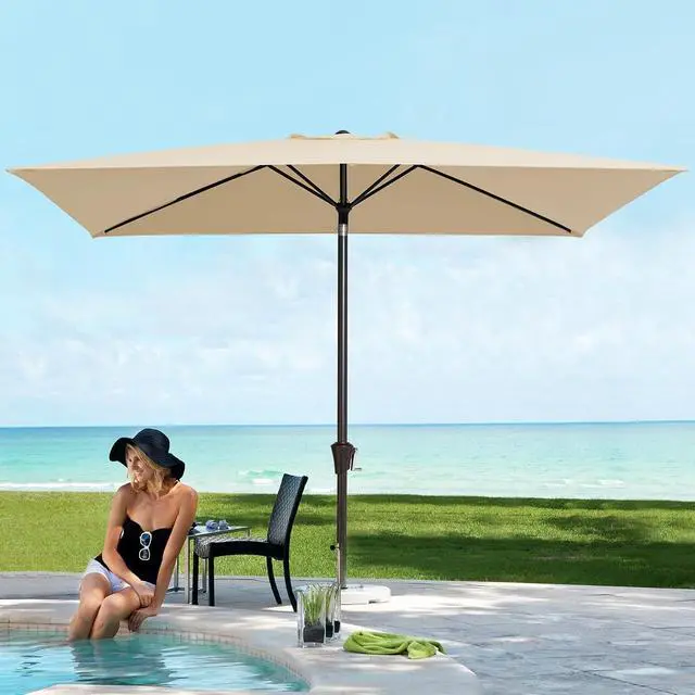 Alt view image 2 of 7 - JEAREY 6.5x10ft Olefin Rectangular Patio Umbrella, Beige | Rectangle Outdoor Umbrellas with Auto Tilt Crank System, Fade-Resistant Market Table Umbrella for Pool, Deck, Garden and Yard
