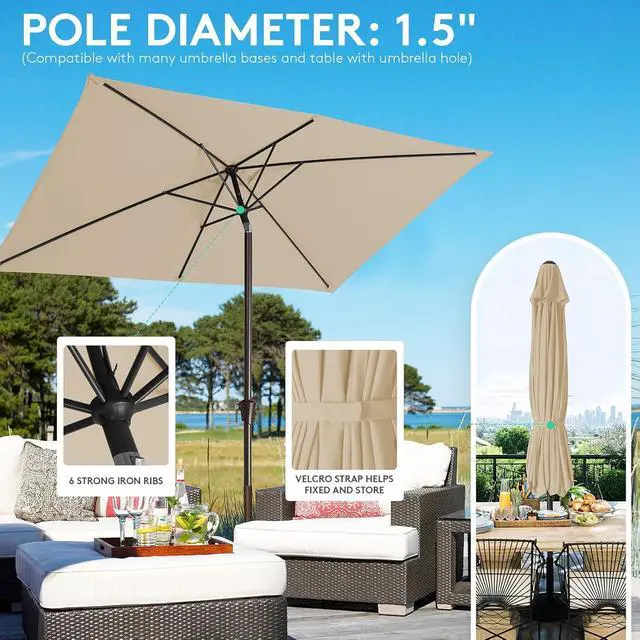 Alt view image 6 of 7 - JEAREY 6.5x10ft Olefin Rectangular Patio Umbrella, Beige | Rectangle Outdoor Umbrellas with Auto Tilt Crank System, Fade-Resistant Market Table Umbrella for Pool, Deck, Garden and Yard