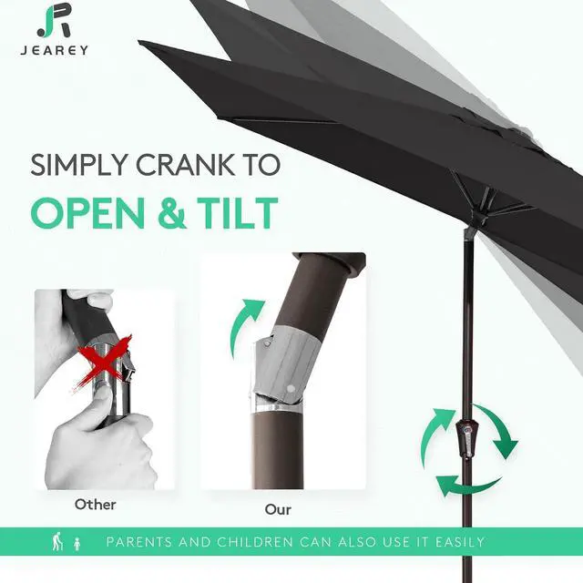 Alt view image 3 of 7 - JEAREY 6.5x10ft Olefin Rectangular Patio Umbrella, Black | Rectangle Outdoor Umbrellas with Auto Tilt Crank System, Fade-Resistant Market Table Umbrella for Pool, Deck, Garden and Yard