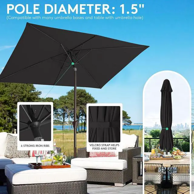 Alt view image 6 of 7 - JEAREY 6.5x10ft Olefin Rectangular Patio Umbrella, Black | Rectangle Outdoor Umbrellas with Auto Tilt Crank System, Fade-Resistant Market Table Umbrella for Pool, Deck, Garden and Yard
