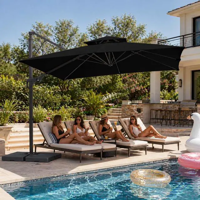 Alt view image 2 of 7 - JEAREY 10x10 ft 2-Tier Cantilever Patio Umbrella, Large Square Outdoor Offset Umbrella with Double Top Vent and 360-degree Rotation for Garden, Deck, Pool, Patio, Black