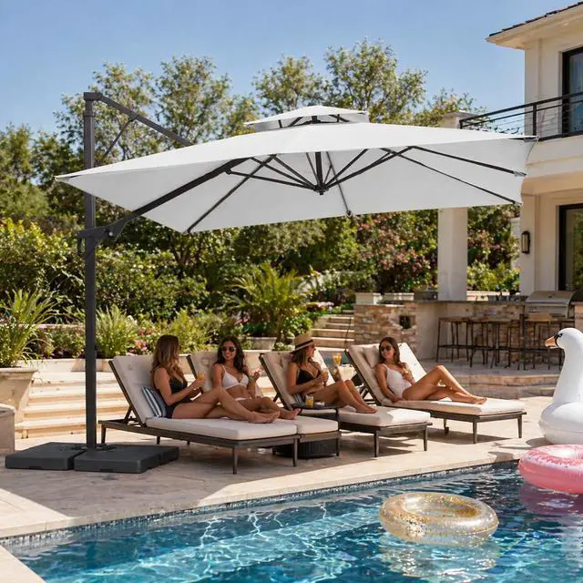 Alt view image 2 of 7 - JEAREY 10x10 ft 2-Tier Cantilever Patio Umbrella, Outdoor Offset Umbrella | Large Square Outdoor Offset Umbrella with Double Top Vent and 360-degree Rotation for Garden, Deck, Pool, Patio, Cream White
