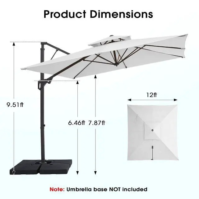 Alt view image 3 of 7 - JEAREY 12x12 ft 2-Tier Cantilever Patio Umbrella, Outdoor Offset Umbrella | Large Square Outdoor Offset Umbrella with Double Top Vent and 360-degree Rotation for Garden, Deck, Pool, Patio, Cream White