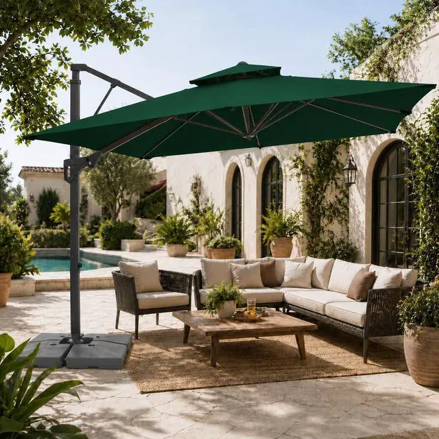Alt view image 2 of 7 - JEAREY 9x9 ft 2-Tier Cantilever Patio Umbrella, Outdoor Offset Umbrella | Large Square Outdoor Offset Umbrella with Double Top Vent and 360-degree Rotation for Garden, Deck, Pool, Patio, Dark Green