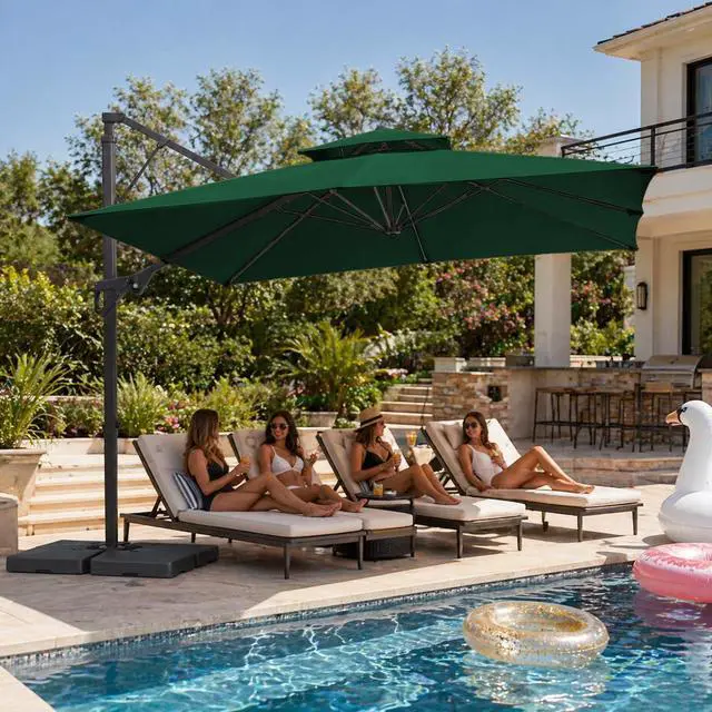 Alt view image 2 of 7 - JEAREY 10x10 ft 2-Tier Cantilever Patio Umbrella, Outdoor Offset Umbrella | Large Square Outdoor Offset Umbrella with Double Top Vent and 360-degree Rotation for Garden, Deck, Pool, Patio, Dark Green