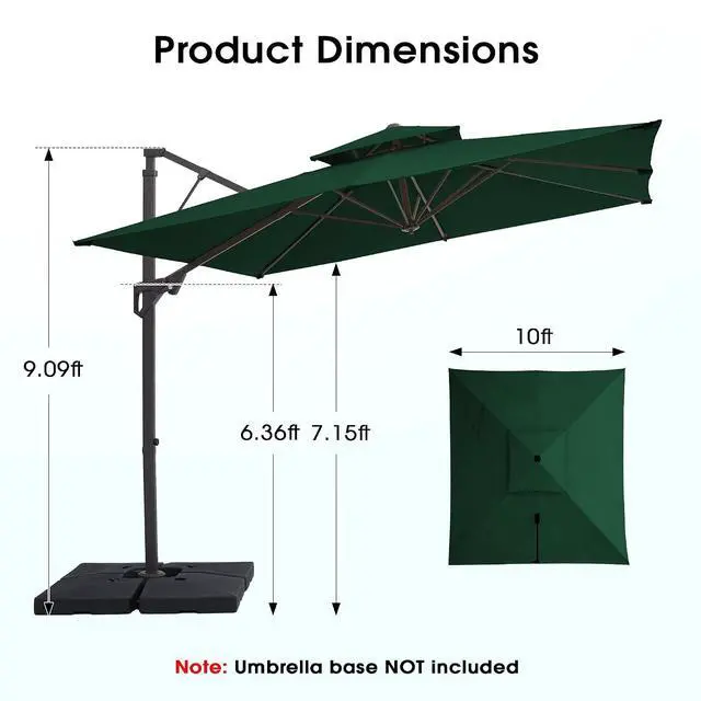 Alt view image 4 of 7 - JEAREY 10x10 ft 2-Tier Cantilever Patio Umbrella, Outdoor Offset Umbrella | Large Square Outdoor Offset Umbrella with Double Top Vent and 360-degree Rotation for Garden, Deck, Pool, Patio, Dark Green