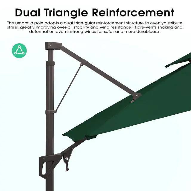 Alt view image 7 of 7 - JEAREY 10x10 ft 2-Tier Cantilever Patio Umbrella, Outdoor Offset Umbrella | Large Square Outdoor Offset Umbrella with Double Top Vent and 360-degree Rotation for Garden, Deck, Pool, Patio, Dark Green