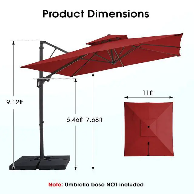 Alt view image 6 of 7 - JEAREY 11x11 ft 2-Tier Cantilever Patio Umbrella, Outdoor Offset Umbrella | Large Square Outdoor Offset Umbrella with Double Top Vent and 360-degree Rotation for Garden, Deck, Pool, Patio, Red