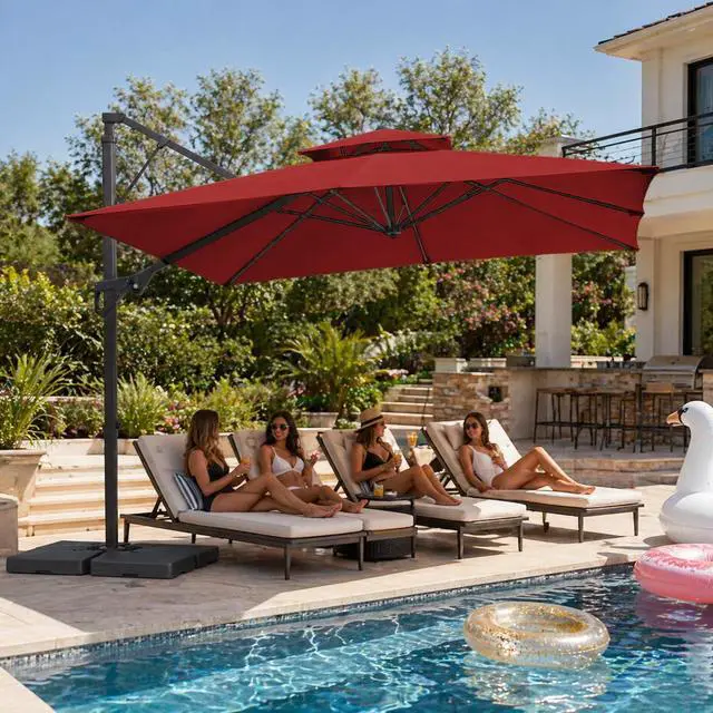 Alt view image 2 of 7 - JEAREY 10x10 ft 2-Tier Cantilever Patio Umbrella, Outdoor Offset Umbrella | Large Square Outdoor Offset Umbrella with Double Top Vent and 360-degree Rotation for Garden, Deck, Pool, Patio, Red