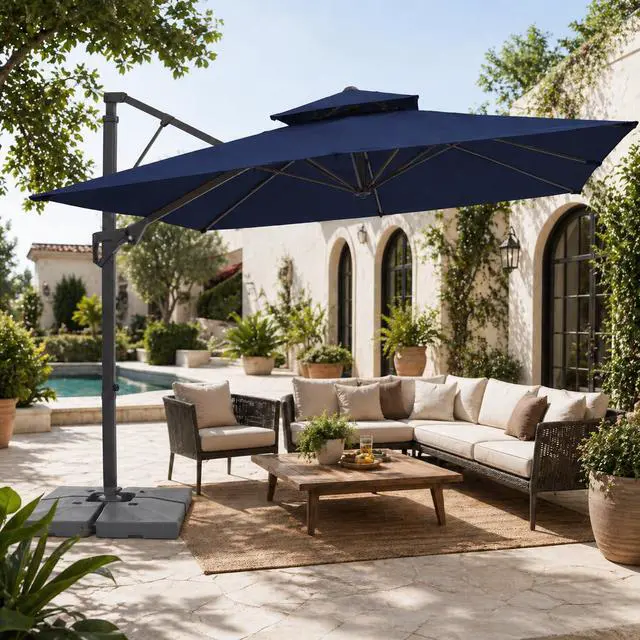 Alt view image 2 of 7 - JEAREY 9x9 ft 2-Tier Cantilever Patio Umbrella, Outdoor Offset Umbrella | Large Square Outdoor Offset Umbrella with Double Top Vent and 360-degree Rotation for Garden, Deck, Pool, Patio, Navy
