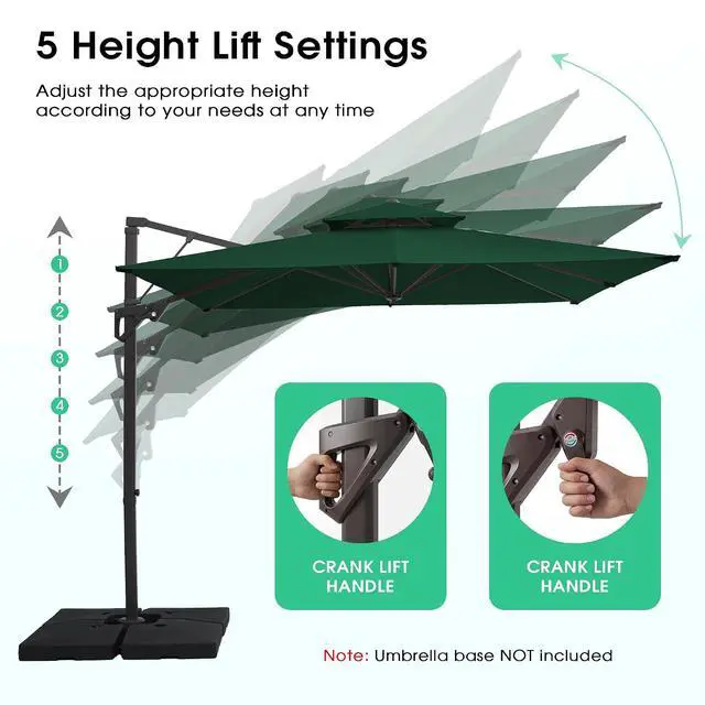 Alt view image 3 of 7 - JEAREY 10x10 ft 2-Tier Cantilever Patio Umbrella, Outdoor Offset Umbrella | Large Square Outdoor Offset Umbrella with Double Top Vent and 360-degree Rotation for Garden, Deck, Pool, Patio, Dark Green