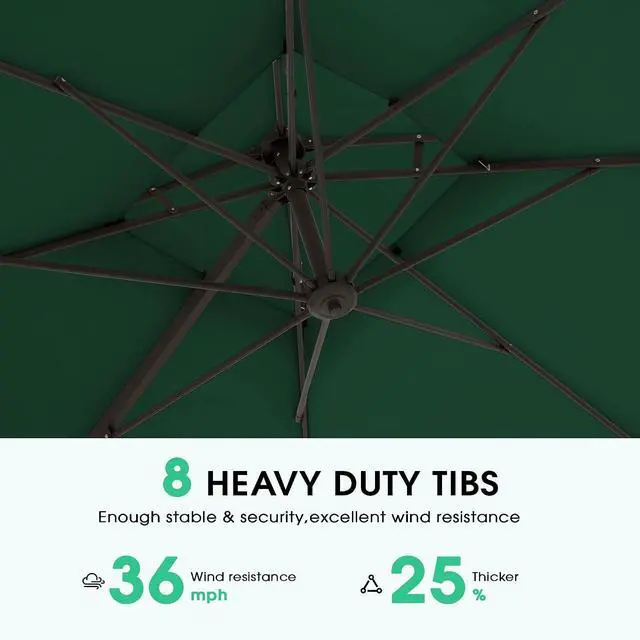 Alt view image 4 of 7 - JEAREY 11x11 ft 2-Tier Cantilever Patio Umbrella, Outdoor Offset Umbrella | Large Square Outdoor Offset Umbrella with Double Top Vent and 360-degree Rotation for Garden, Deck, Pool, Patio, Dark Green